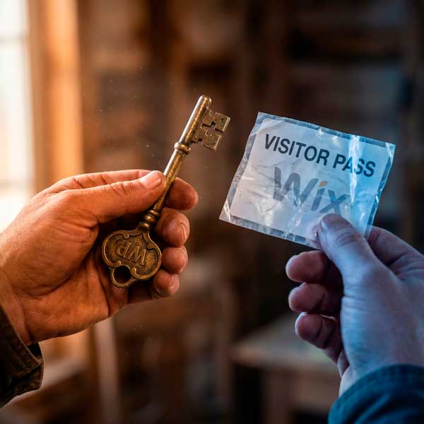 Manos sosteniendo llave dorada de propiedad vs pase de visitante de alquiler Wix