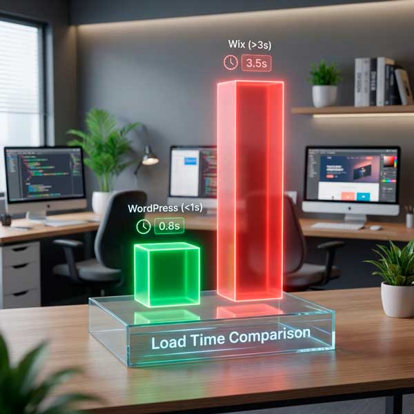 Comparativa visual entre casa prefabricada de Wix y rascacielos escalable de WordPress